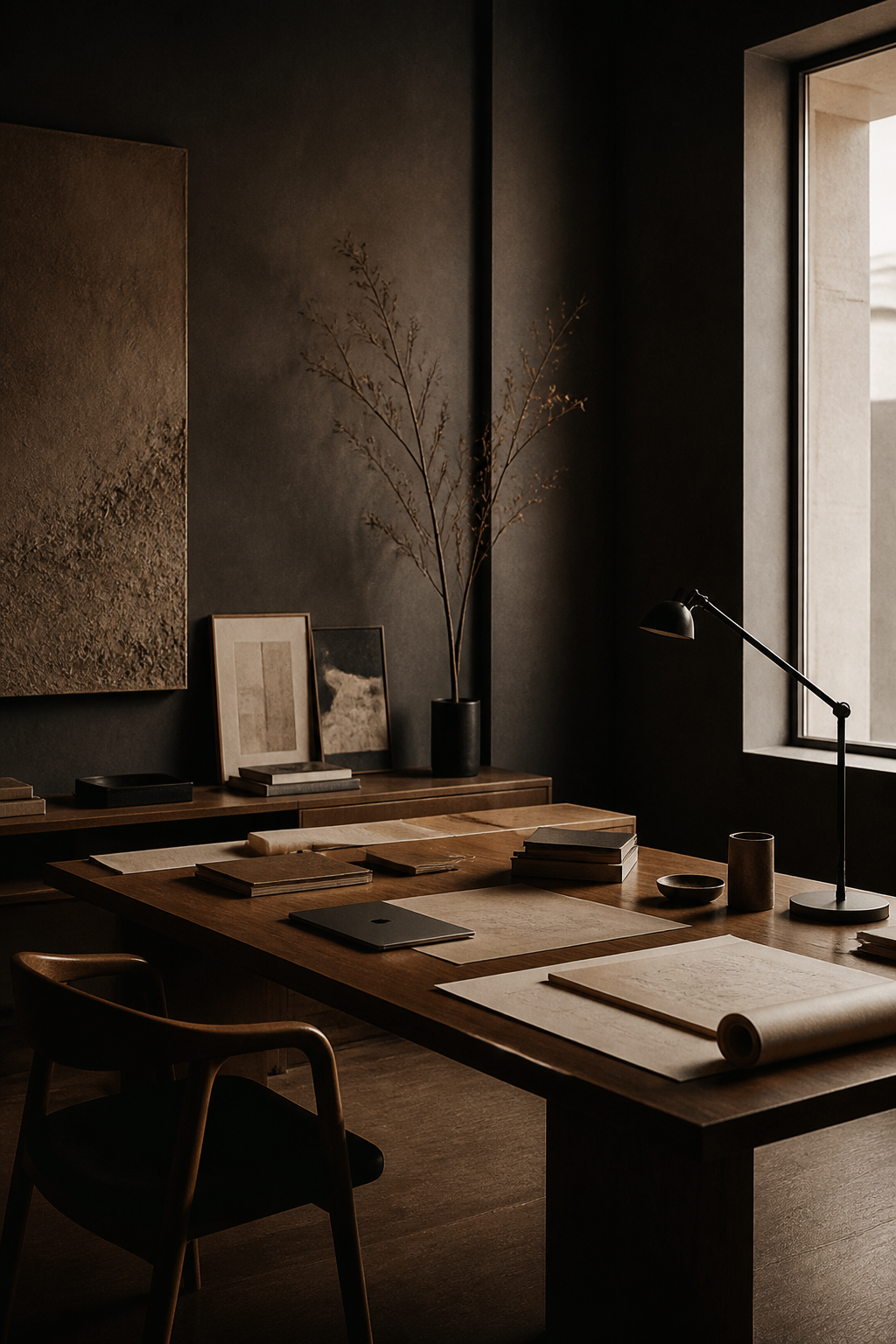 Warm studio interior with a work table, lamp and materials