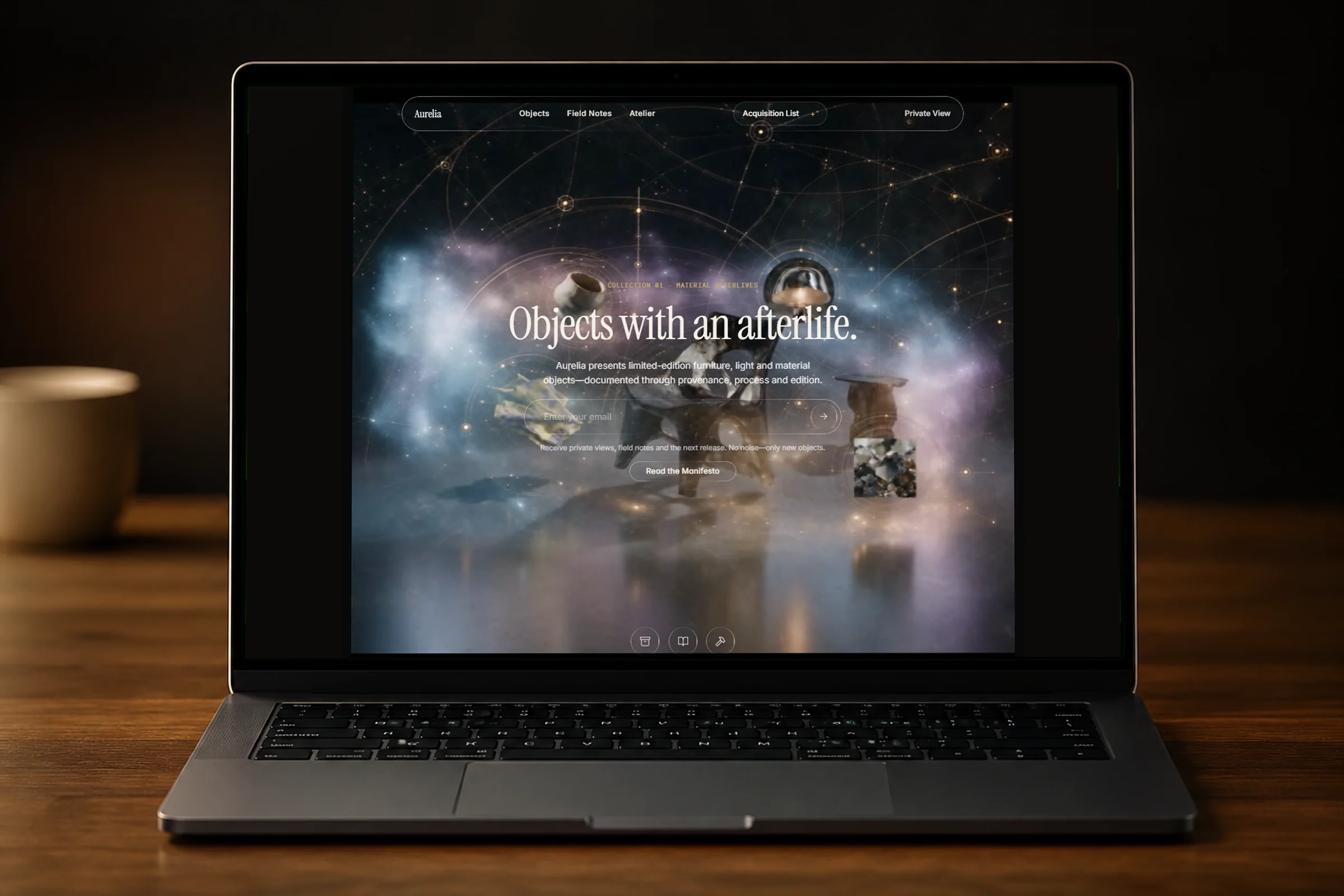 Aurelia digital archive displayed on a premium laptop.