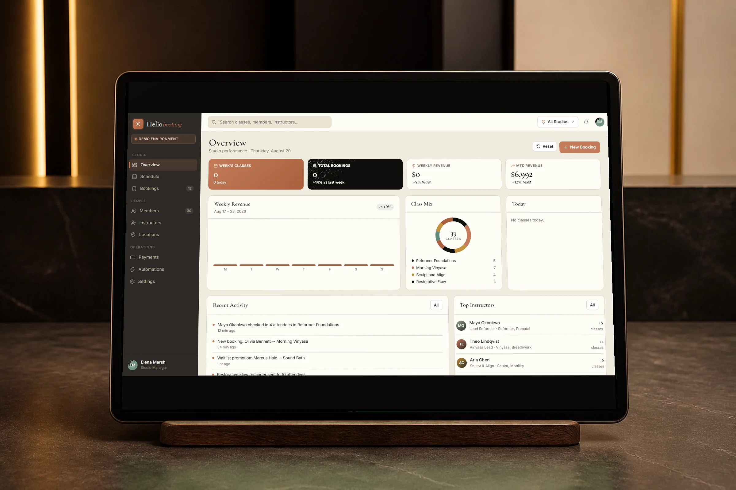 Helio Booking schedule interface displayed on a tablet.