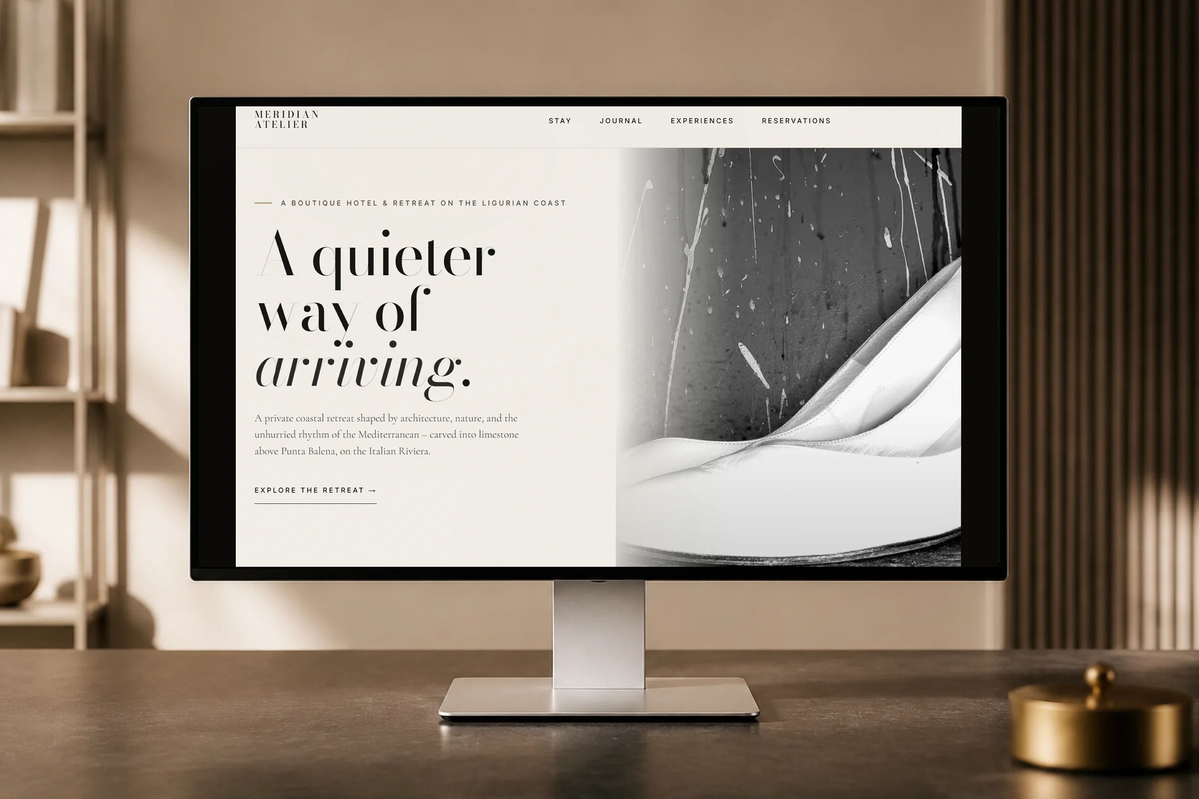 Meridian Atelier website displayed on a desktop monitor.